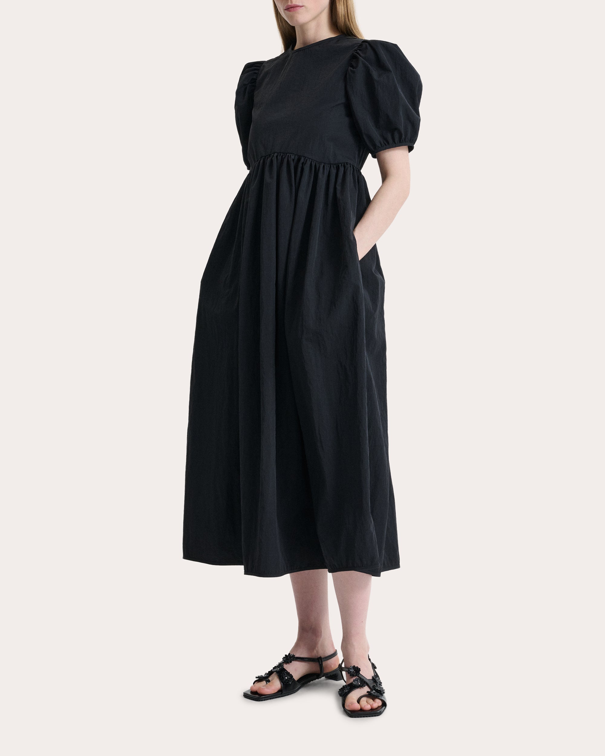 black taffeta midi dress Cecilie Bahnsen Women's Bodil Taffeta Gathered Puff-Sleeve Midi Dress in Black Size 8 / 4