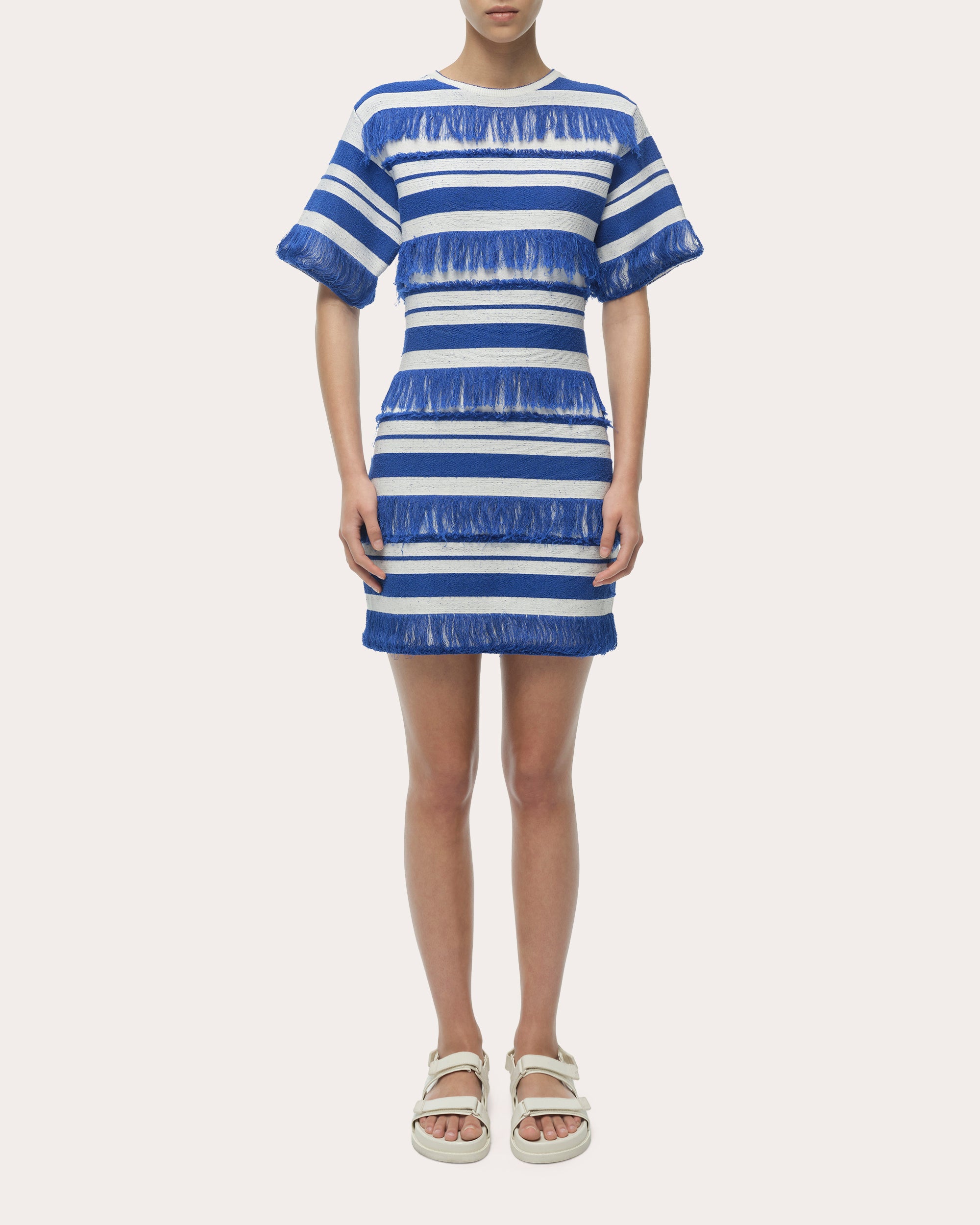 fringe t shirt dress SIMKHAI Women's Torrance Stripe Knit Mini T-Shirt in Blue Size Large NBA | Dresses | Size_4^XL Colleen Lopez Knit Everywhere Color:Tahoe Blue