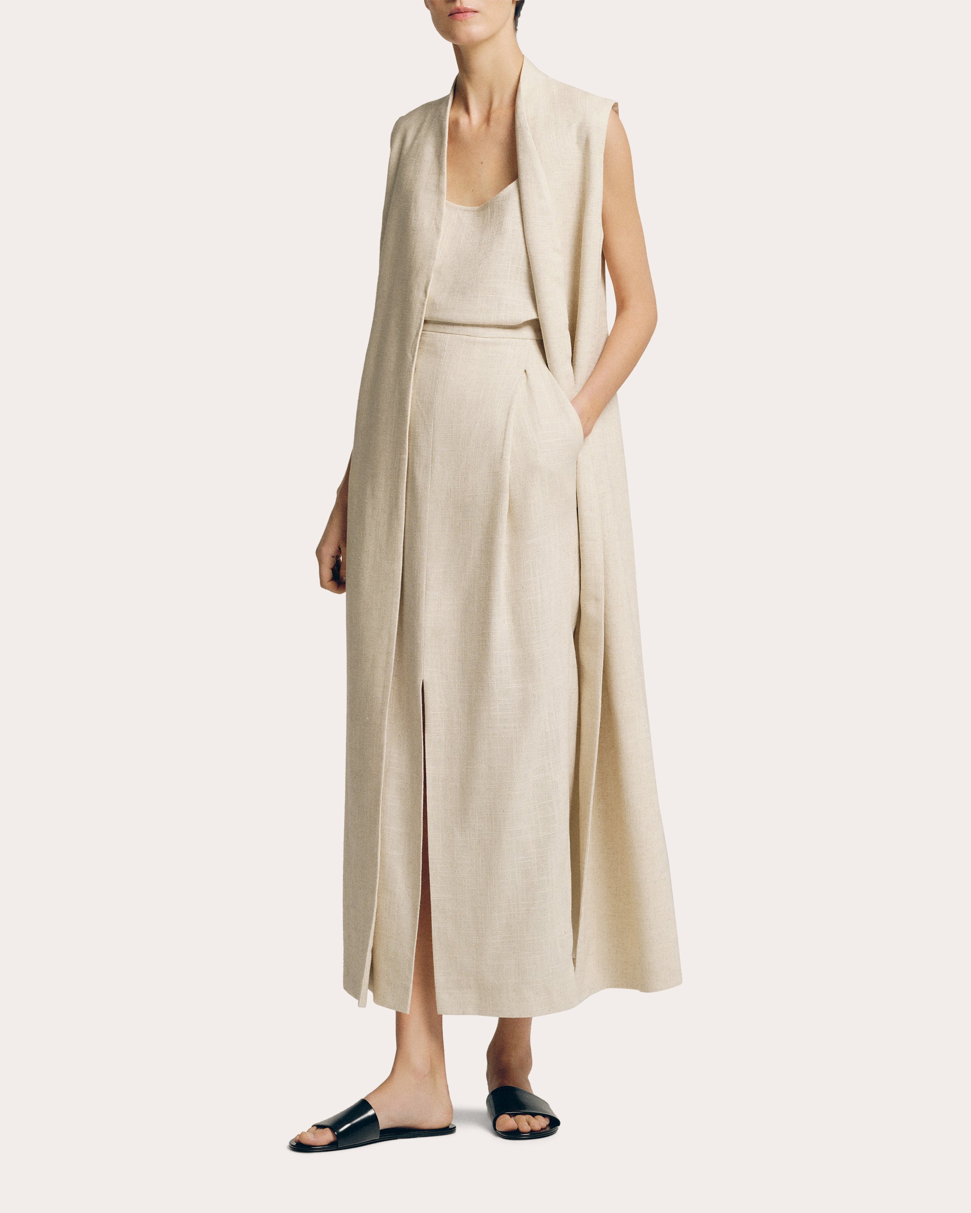 SEV Women's Linen Shawl Collar Long Vest in Sand Neutral Size XS | Linen/Viscose/Polyester SEV Women's Linen Shawl Collar Long Vest in Sand Neutral Size XS | Linen/Viscose/Polyester