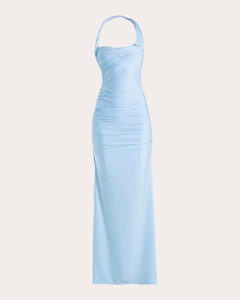 Francisco Arce Women's Vira Gathered Halter Gown in Blue Size Large | Polyester Francisco Arce Women's Vira Gathered Halter Gown in Blue Size Large | Polyester
