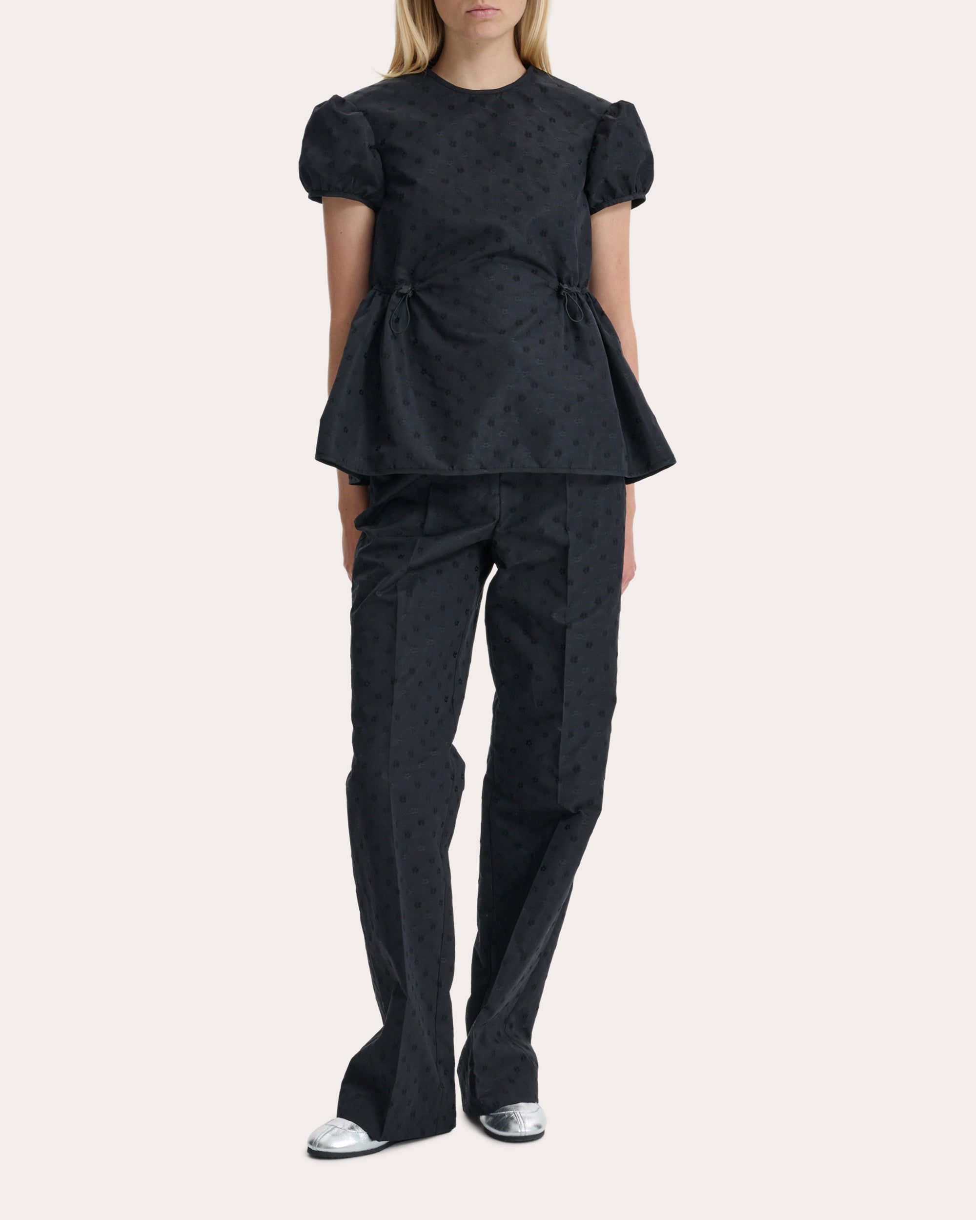 Chiara Iris Jacquard Cinched Puff-Sleeve Top | Olivela