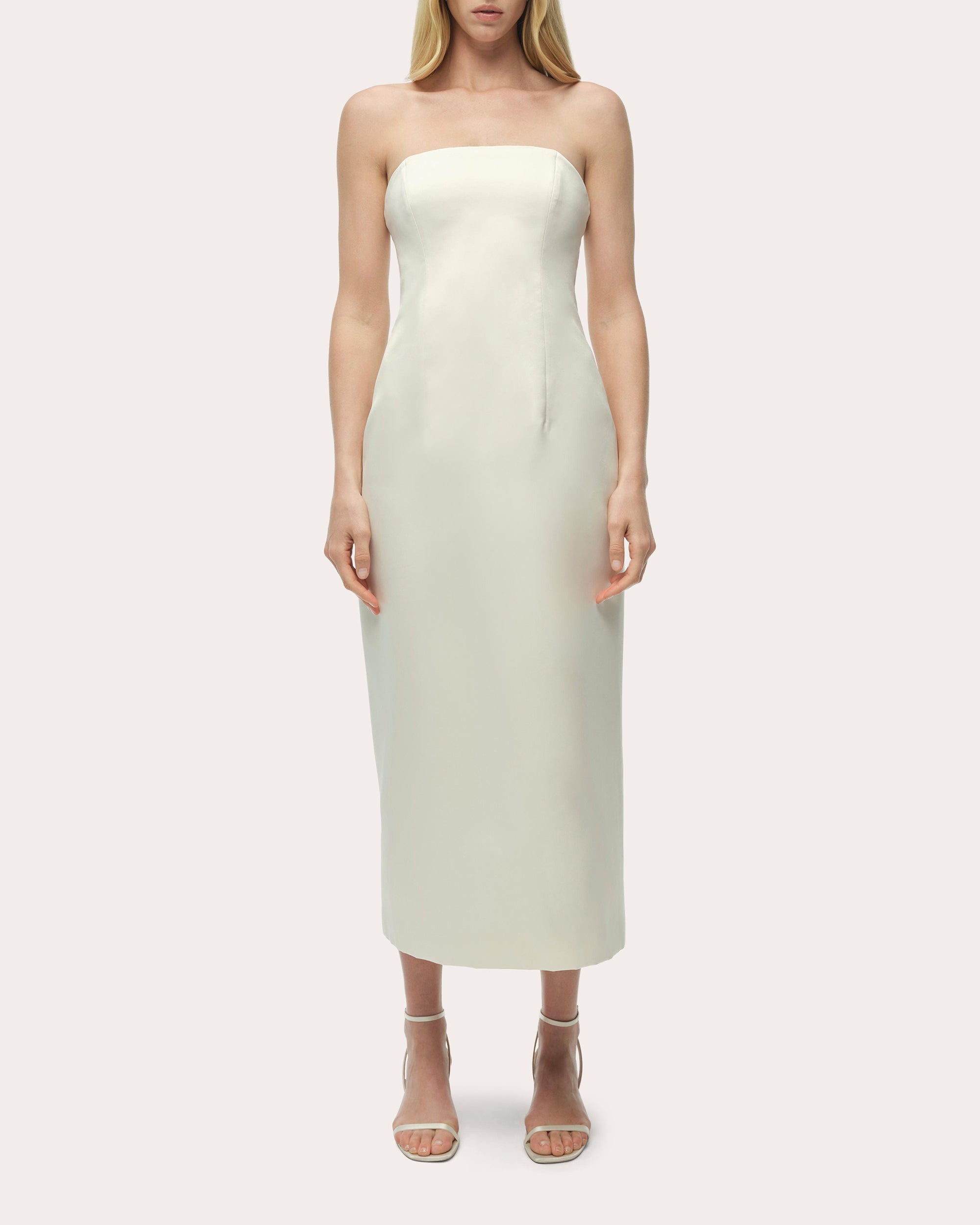 white strapless satin midi dress SIMKHAI Women's Enid Satin Bustier Midi Dress in Porcelain, Size 8