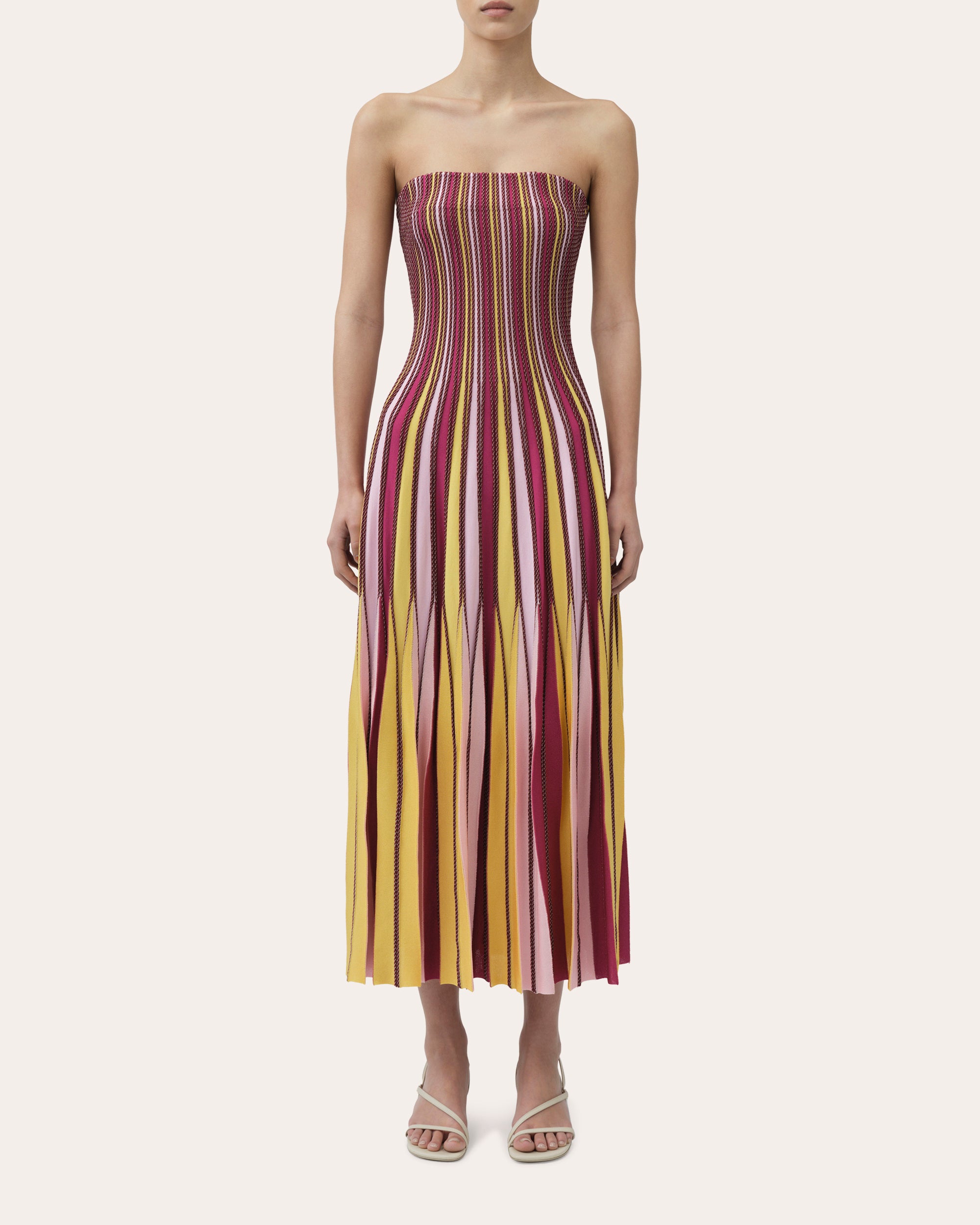 knee length dresses for ladies Soleil Stripe Knit Pleated Midi Dress