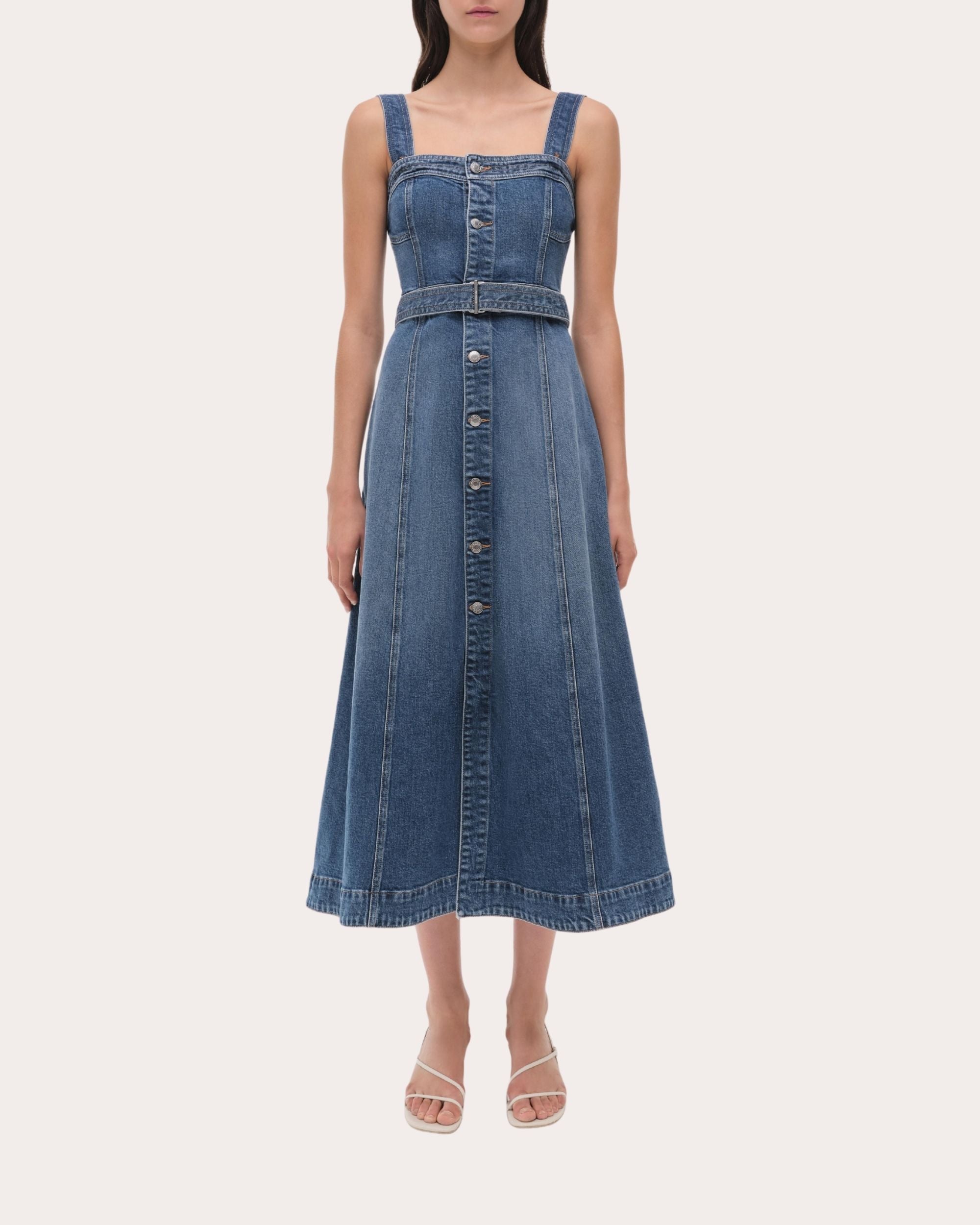 knee length dresses for ladies Vionetta Corset Bodice Denim Midi Dress – VICI main image 1