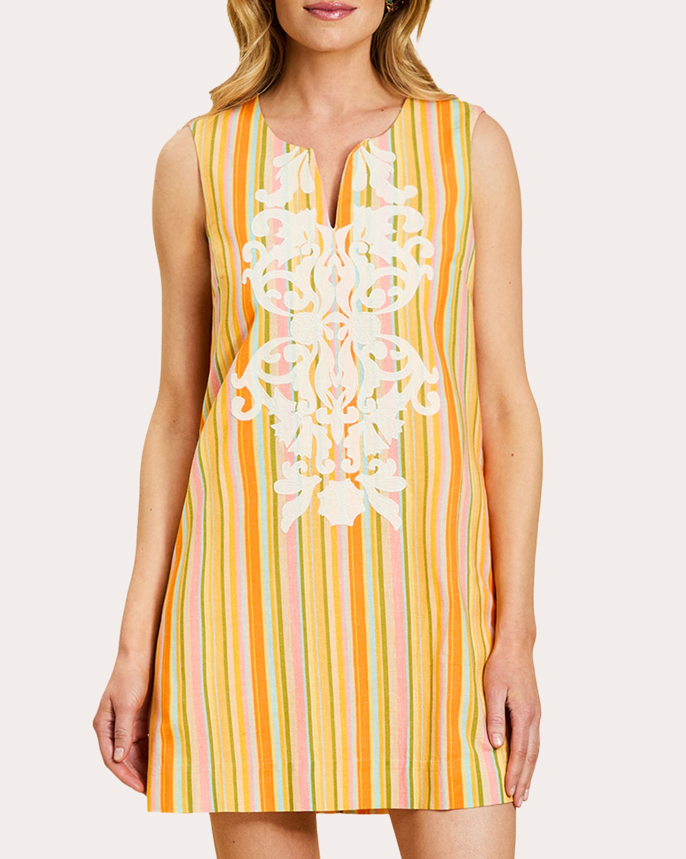 Mestiza Belize Embroidered Stripe Mini Shift Dress in Orange Size Large