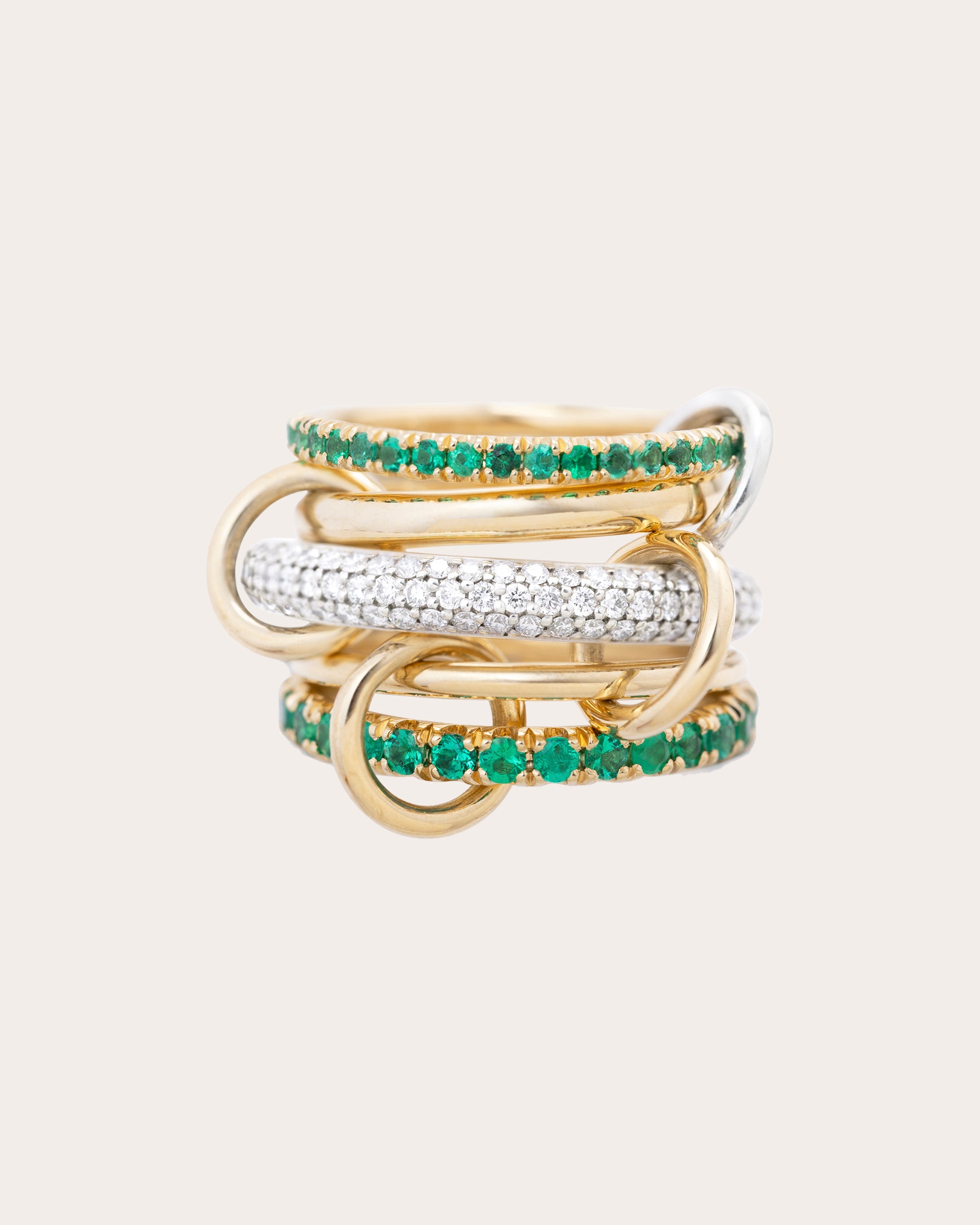 Diamond & Emerald 18k Gold Chloe Vert Pavé Linked Rings | Olivela