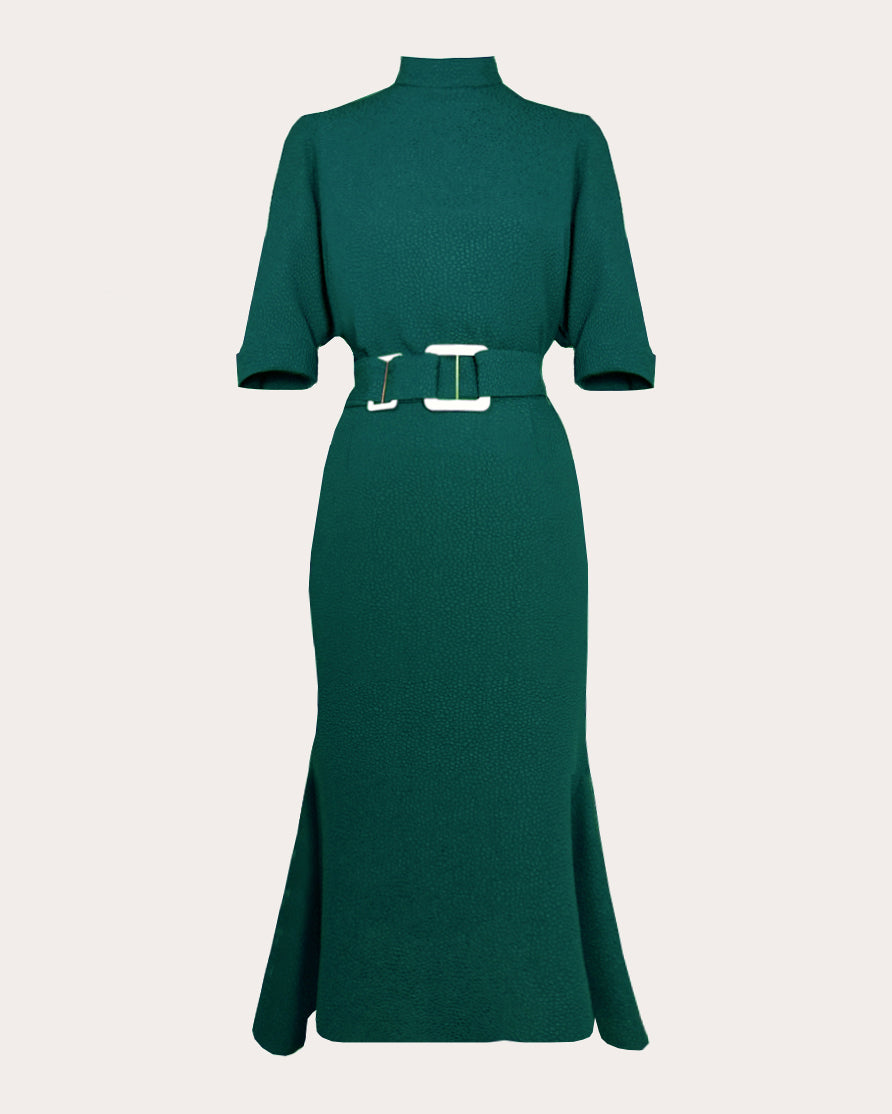 Edeline Lee Women's Pandora Jacquard Belted Midi Dress in Malachite Green Size 12 / 8