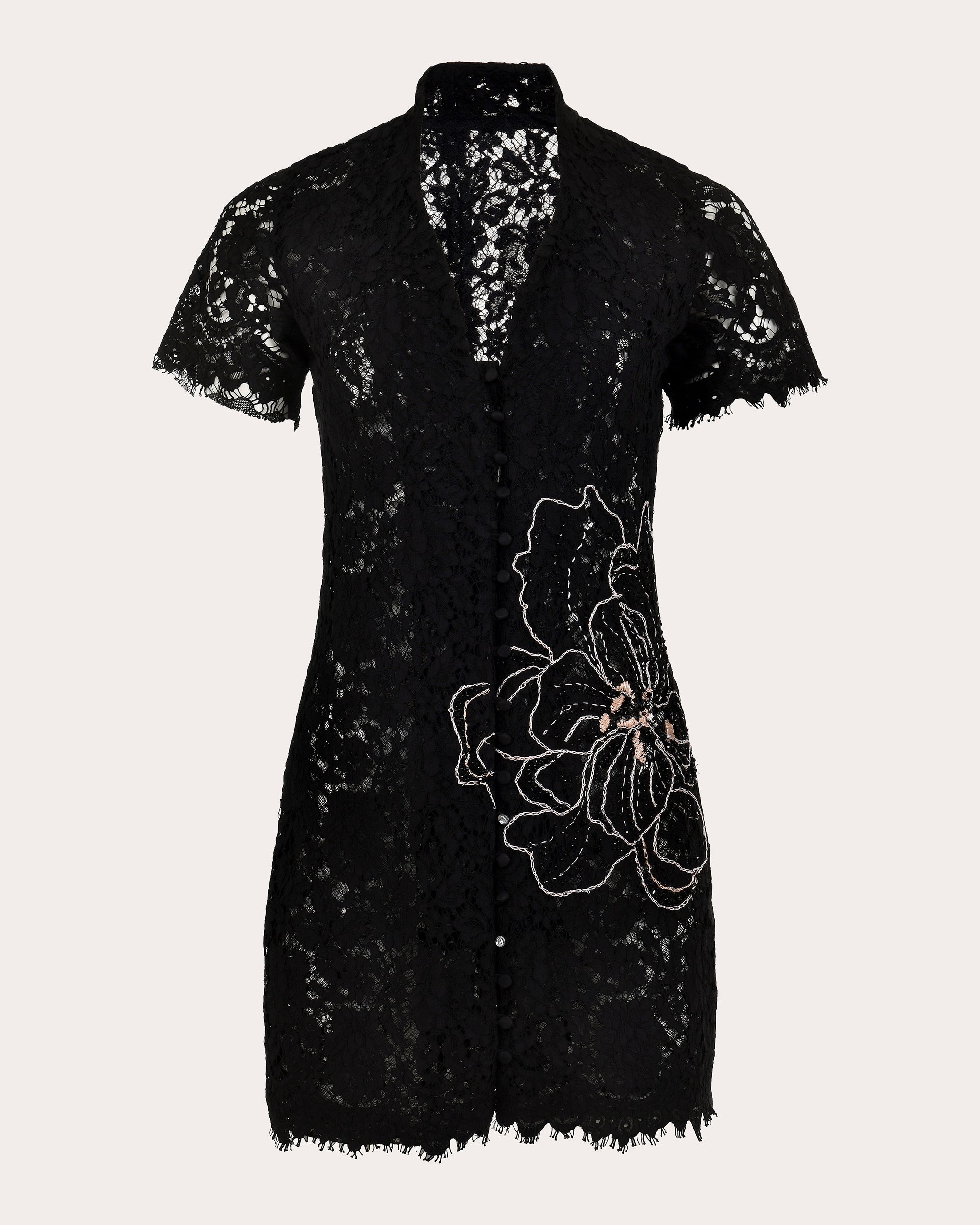 Moonlace Embroidered Floral Lace Mini Dress US 6 / Black