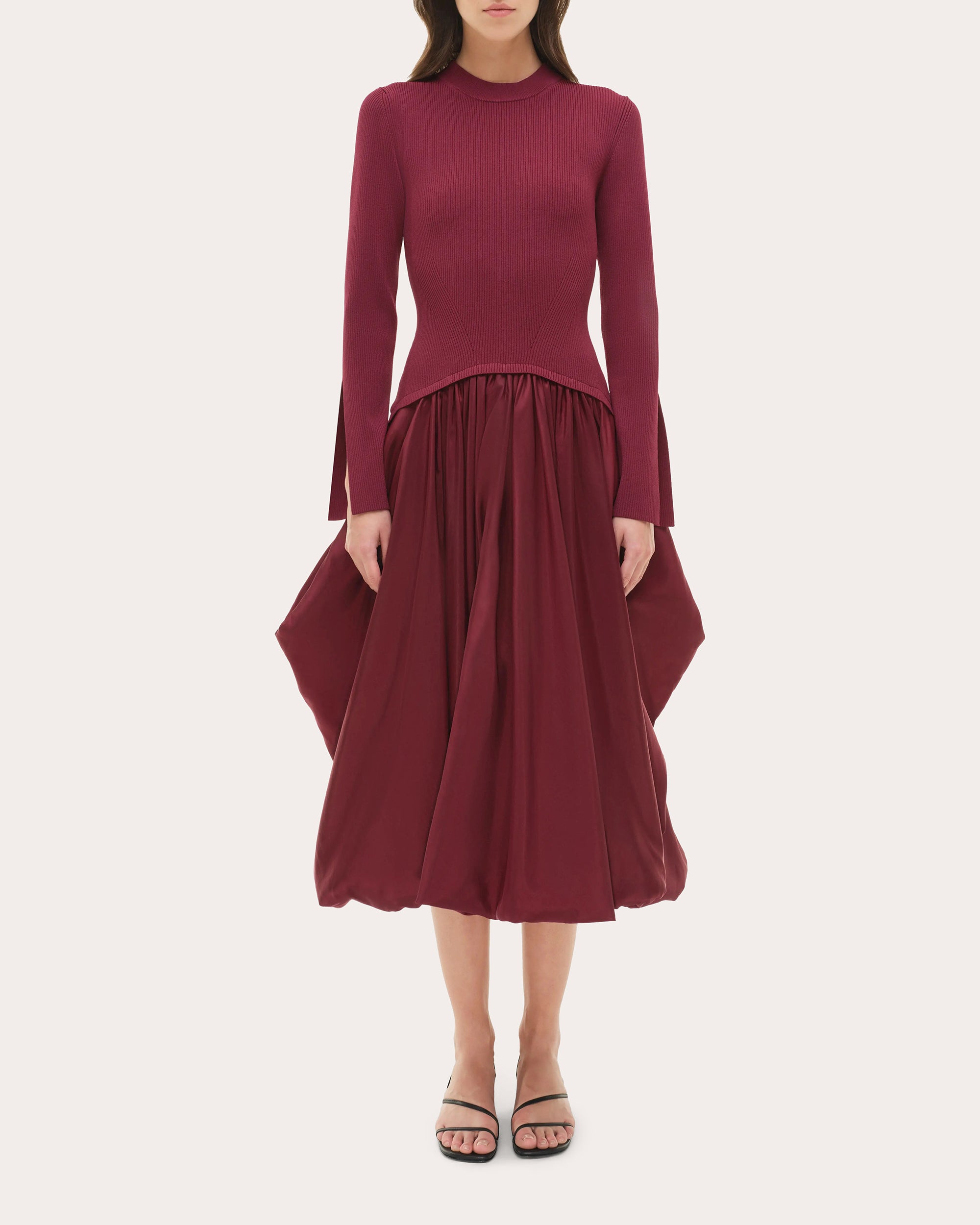 simkhai kenlie mixed media bubble midi dress Kenlie Knit Taffeta Combo Gathered Midi Dress