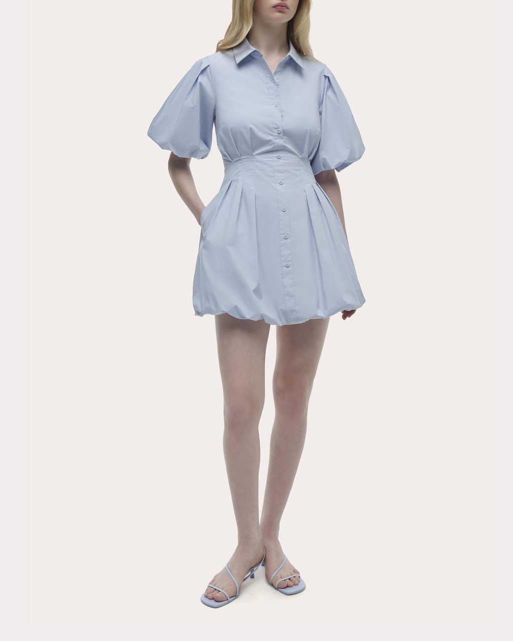 Cleo Poplin Puff-Sleeve Mini Shirt Dress
