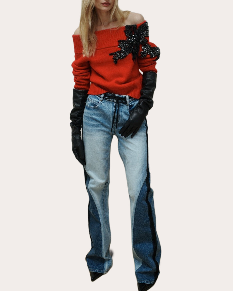 Nolt Beaded Wool Cashmere Off-Shoulder Sweater