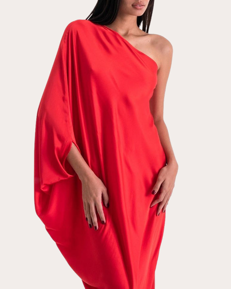 Rok Asymmetric Cape-Effect Silk-Chiffon Gown