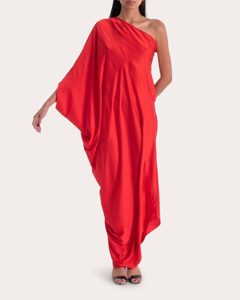 Rok Asymmetric Cape-Effect Silk-Chiffon Gown