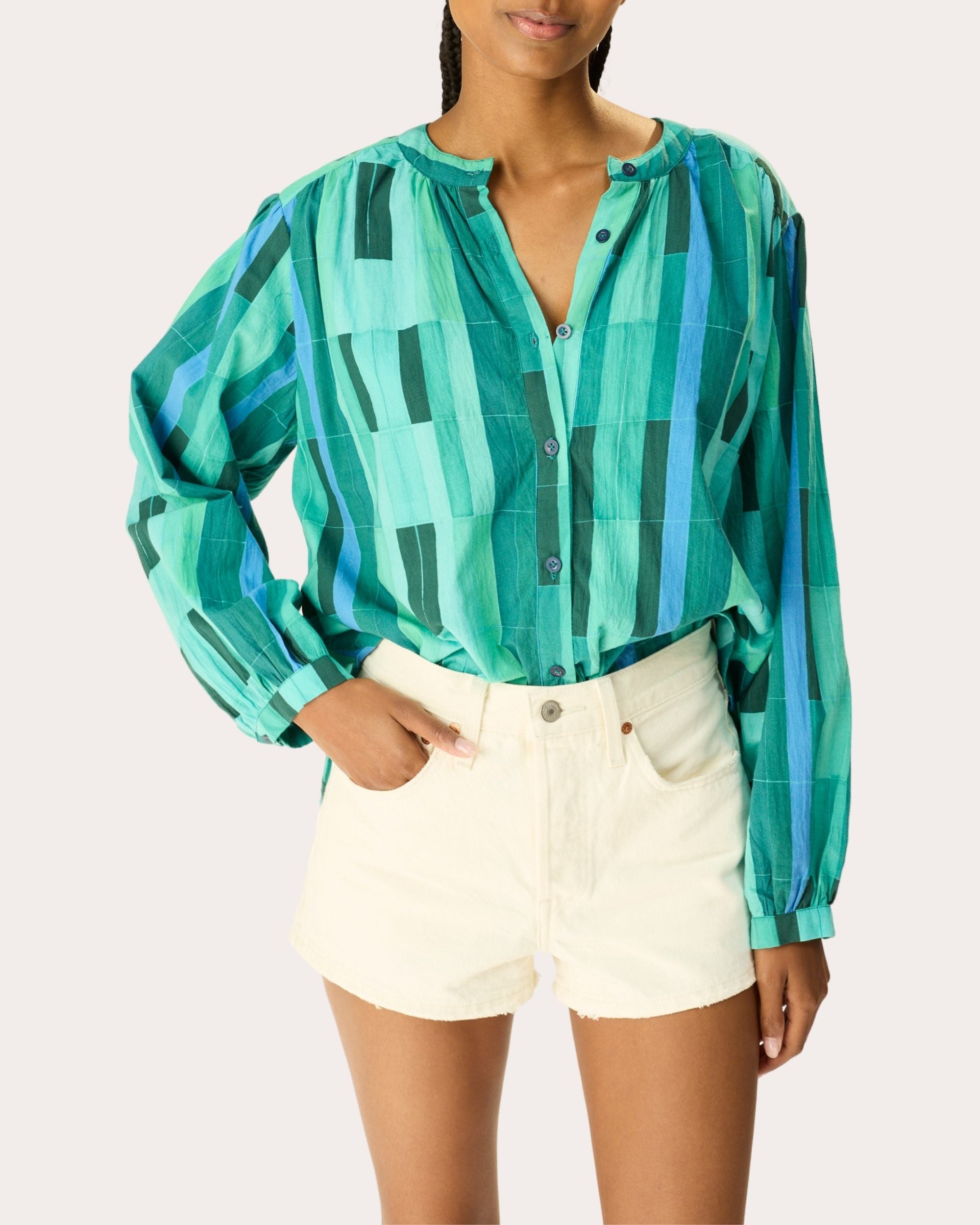 Tolan Cotton Gathered Button-Up Shirt