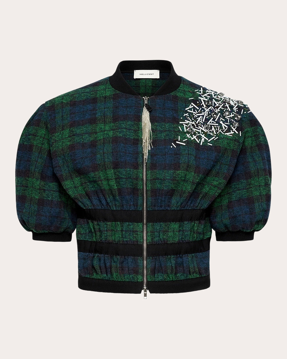 Zina Embellished Plaid Puff-Sleeve Top