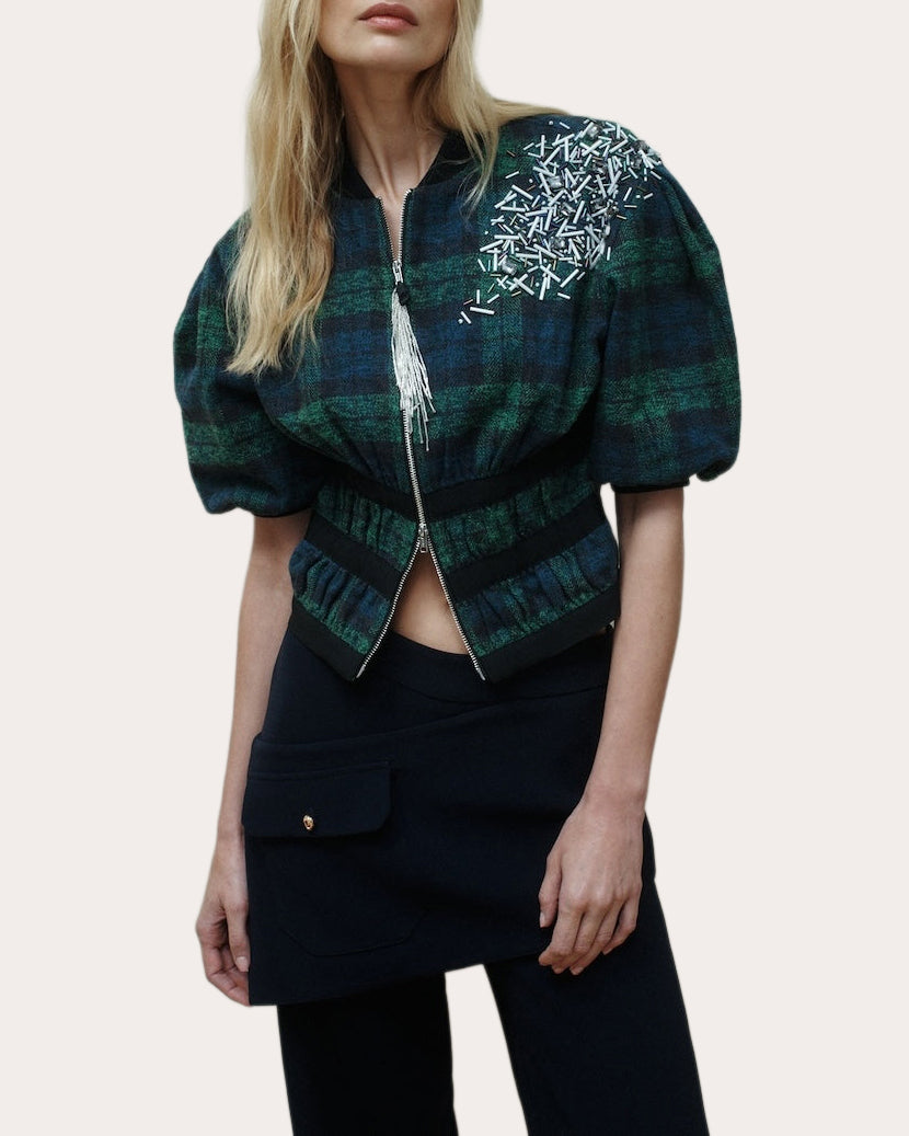 Zina Embellished Plaid Puff-Sleeve Top