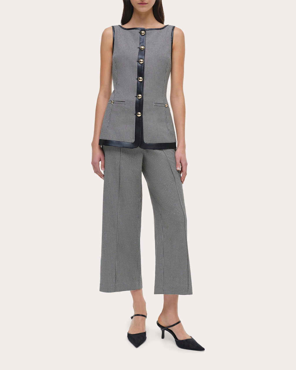 Cressida Faux Leather-Trim Houndstooth Top