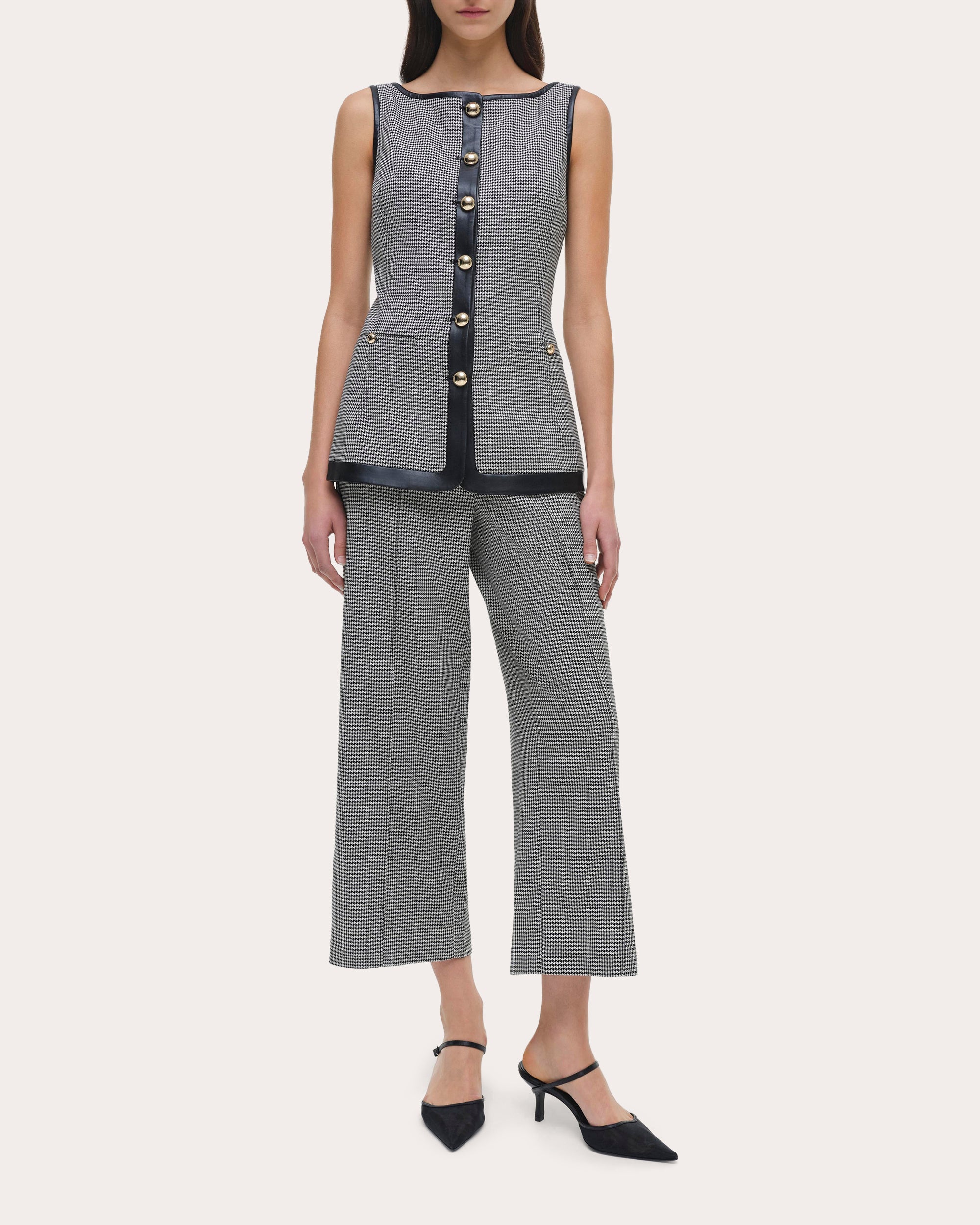 Cressida Faux Leather-Trim Houndstooth Top