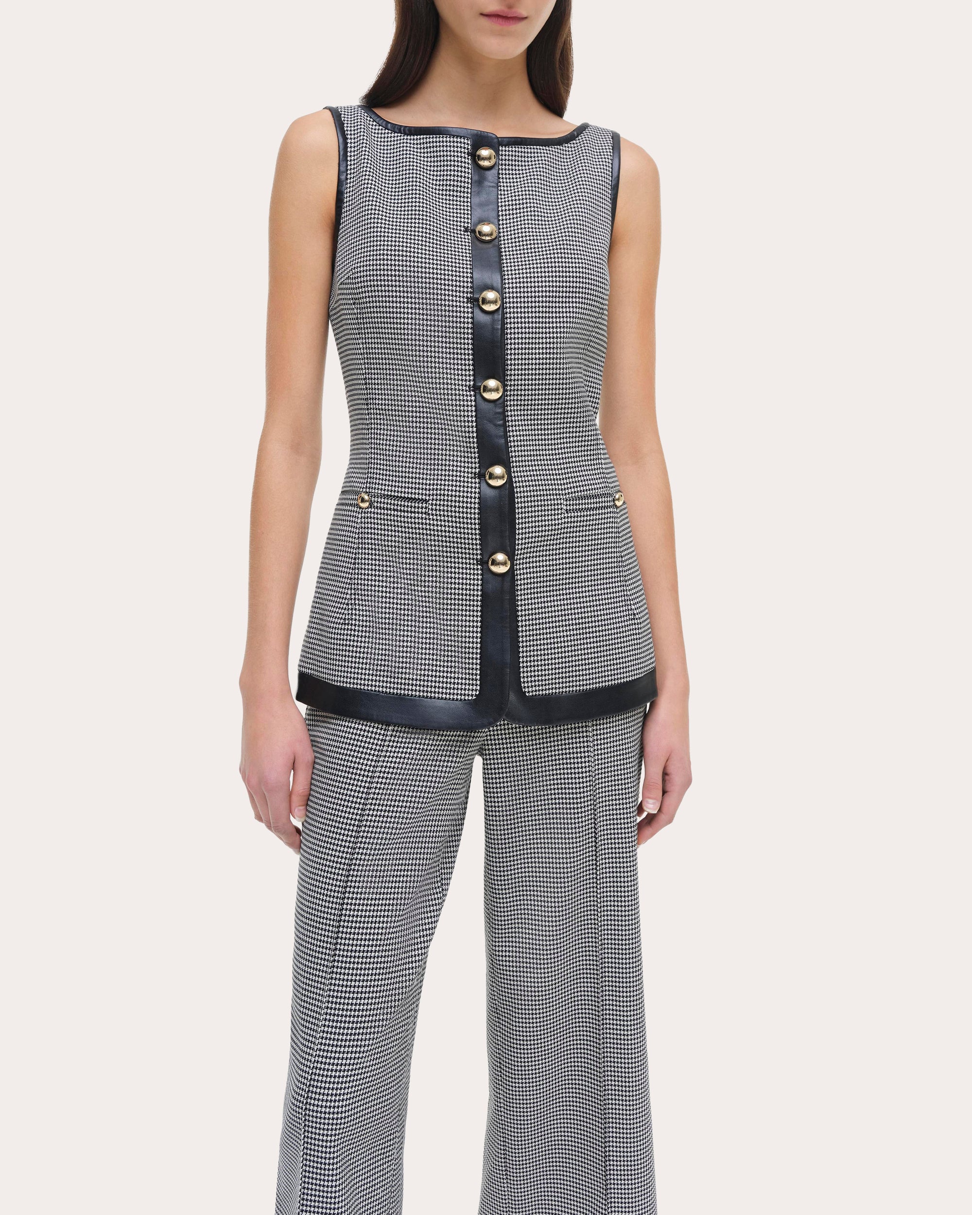 Cressida Faux Leather-Trim Houndstooth Top