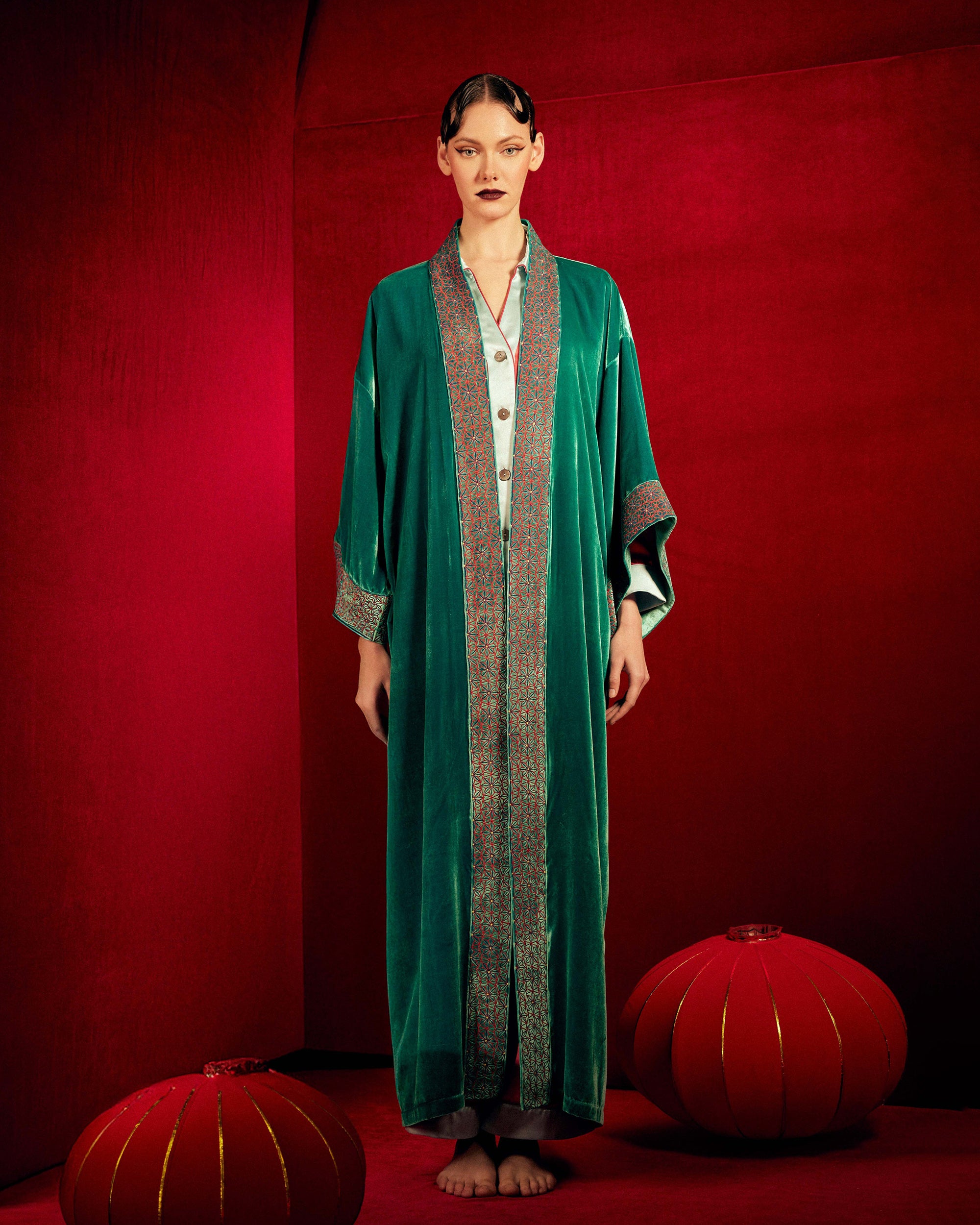Nikko Embroidered Velvet Long Kimono