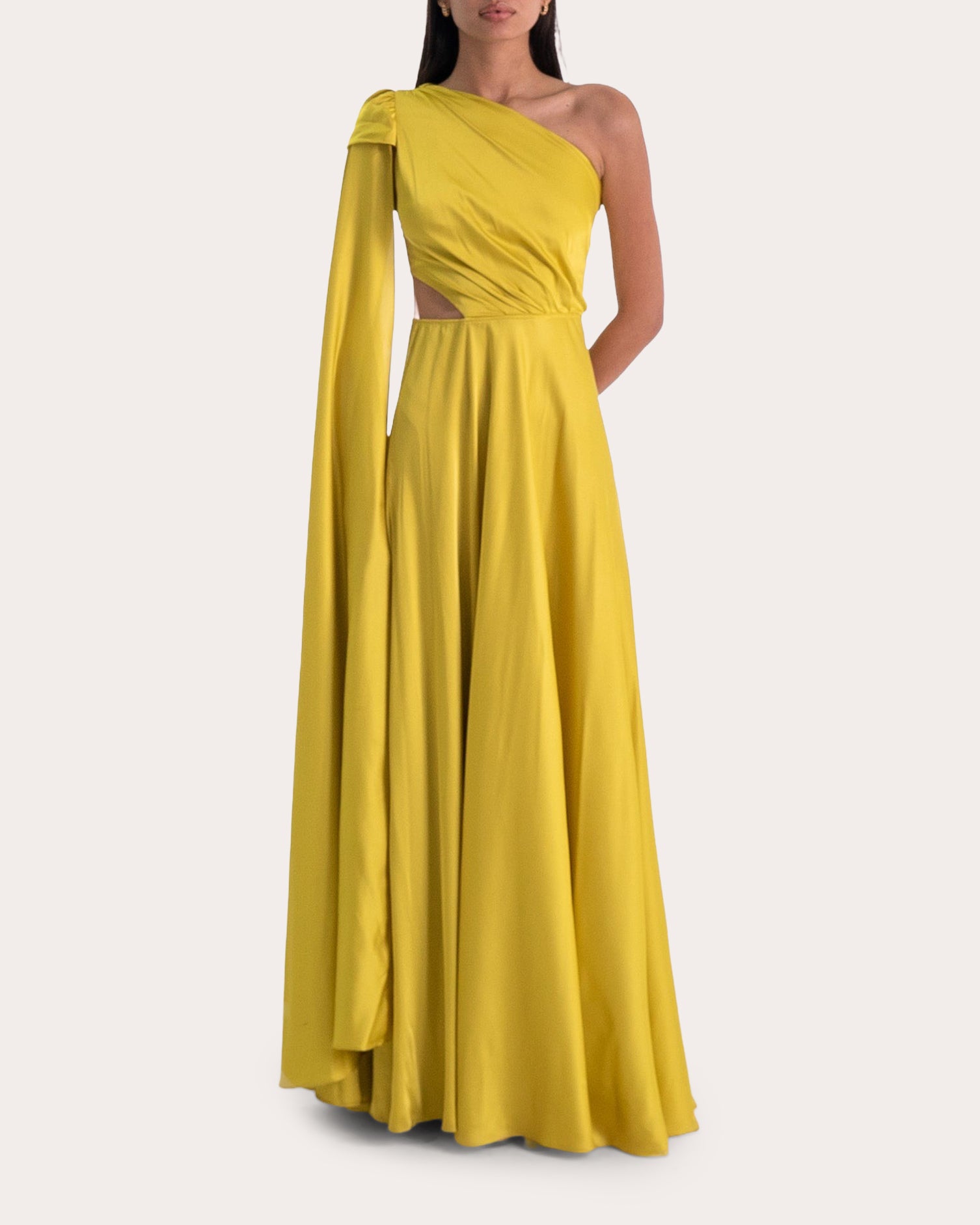 Hanah Silk Chiffon Cutout Drape Asymmetric Gown | Olivela Hanah Silk Chiffon Cutout Drape Asymmetric Gown | Olivela