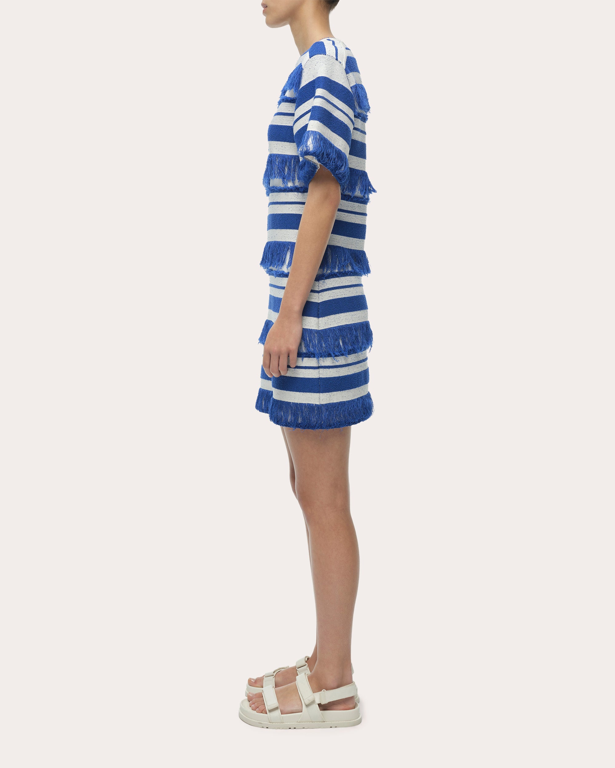 SIMKHAI Women's Short Sleeve Torrance Knit Mini Dress in Royal Blue Stripe, Size Medium SIMKHAI Women's Short Sleeve Torrance Knit Mini Dress in Royal Blue Stripe, Size Medium
