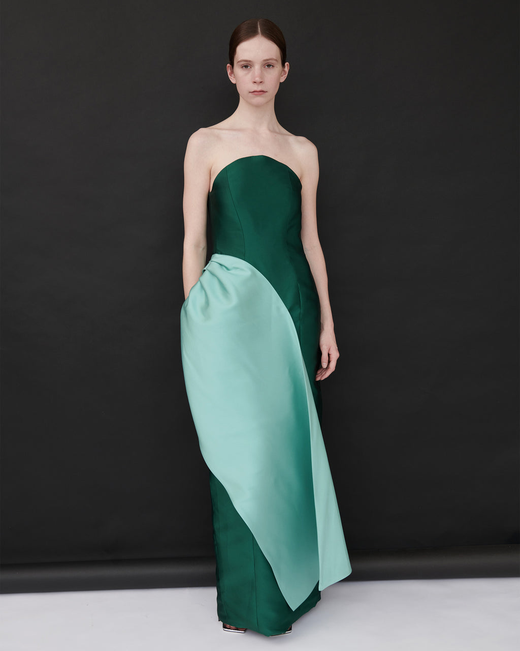 Pearl Satin Gathered Drape Strapless Dress
