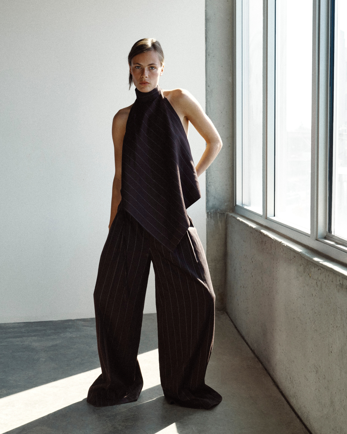 Pinstripe Pleated Wide-Leg Trousers