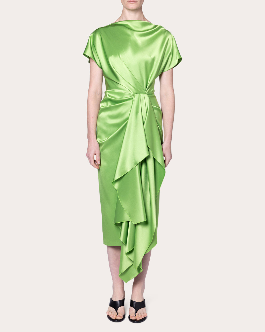 Zoa Satin Gathered Drape Midi Dress
