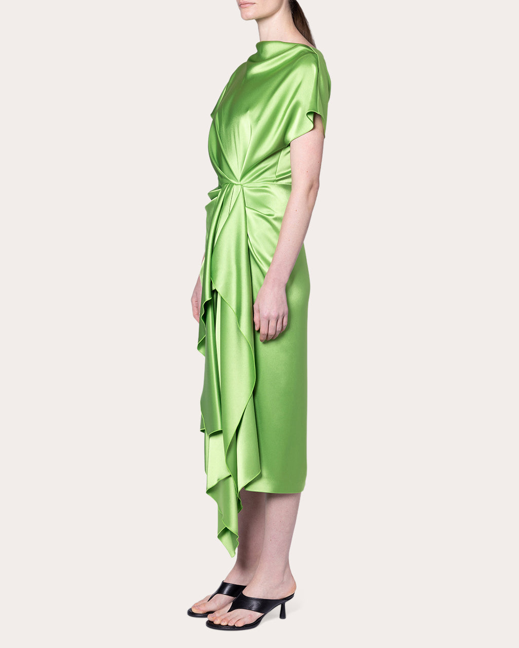 Zoa Satin Gathered Drape Midi Dress