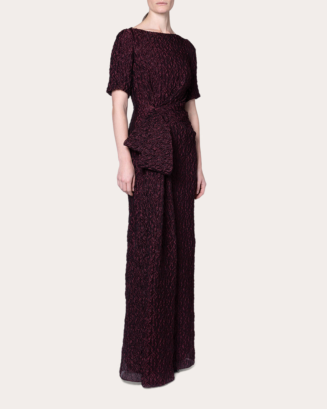 Syla Cloqué Gathered Drape Maxi Dress
