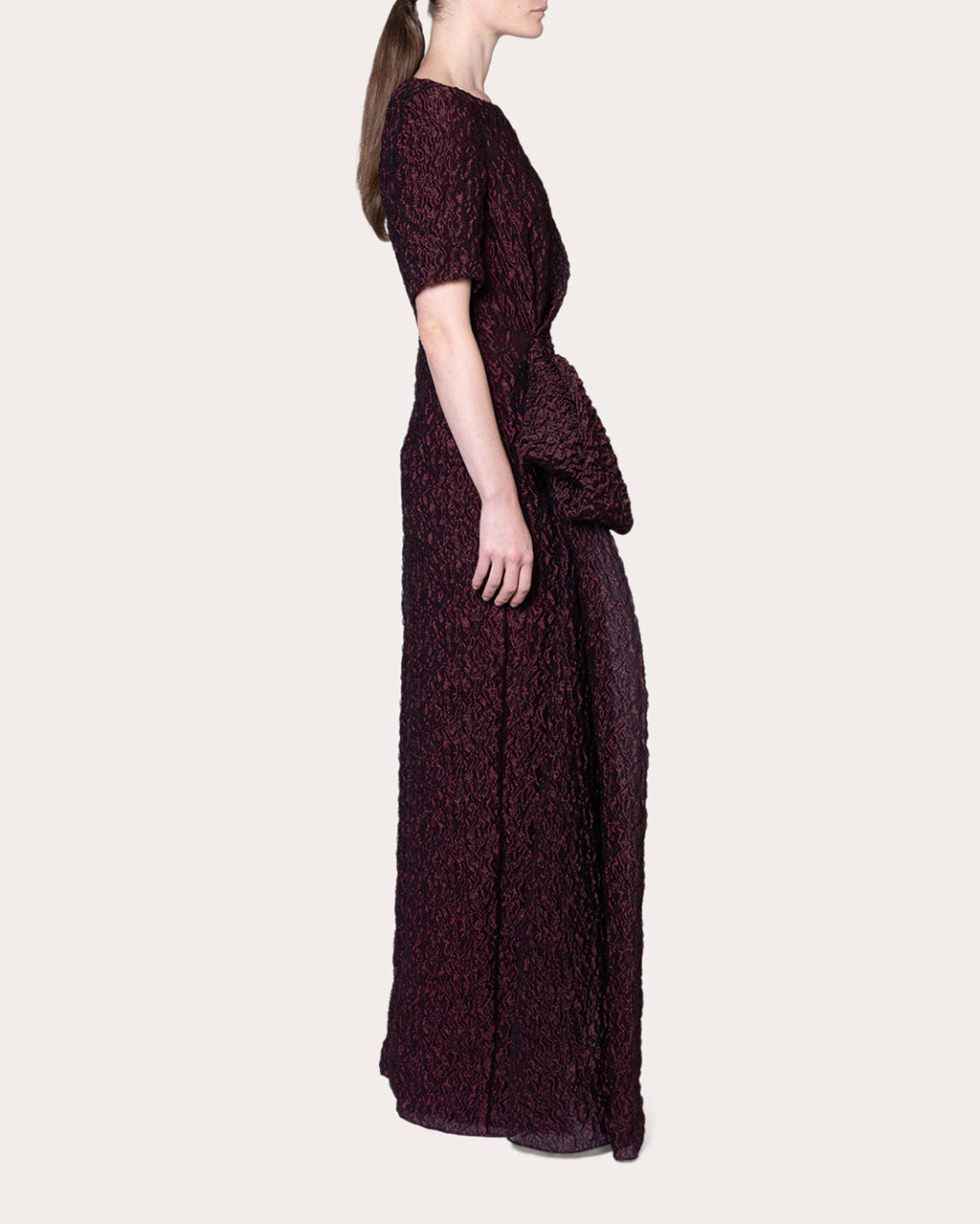 Syla Cloqué Gathered Drape Maxi Dress
