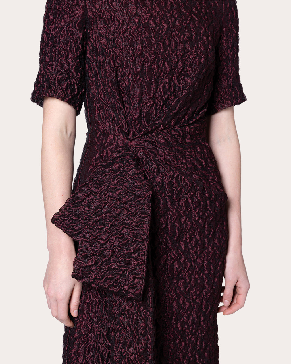 Syla Cloqué Gathered Drape Maxi Dress