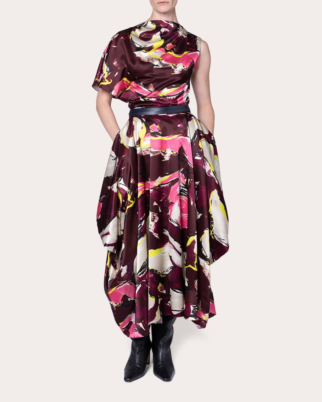 Amari Brushstroke Satin Draped Midi Skirt