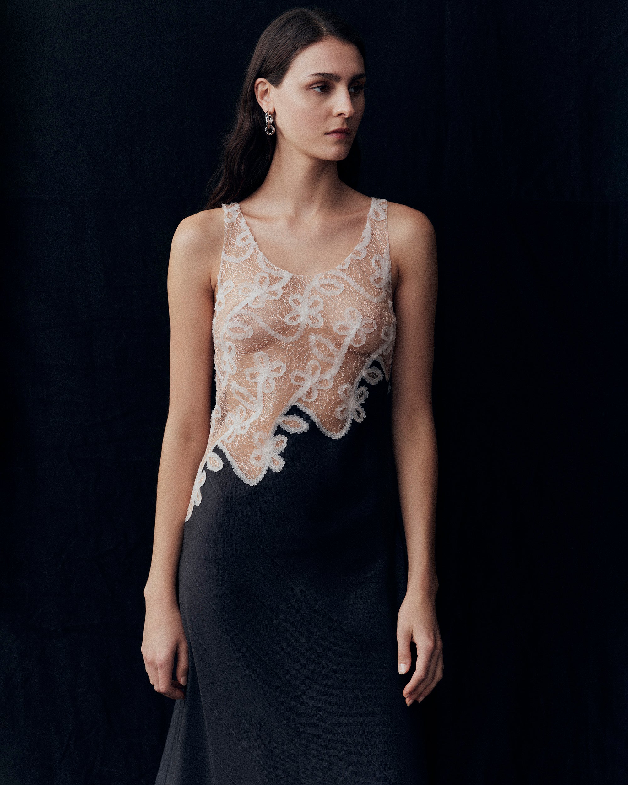 Marina Moscone Pinstripe Lace Bias-Cut Midi Dress - Black Marina Moscone Pinstripe Lace Bias-Cut Midi Dress - Black