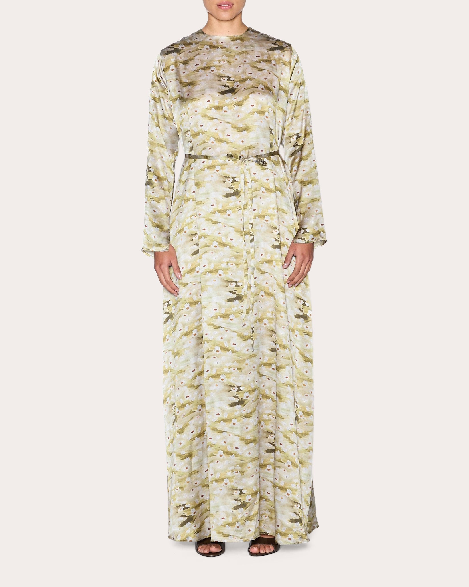 Wholesome Floral Silk Long-Sleeve Gown