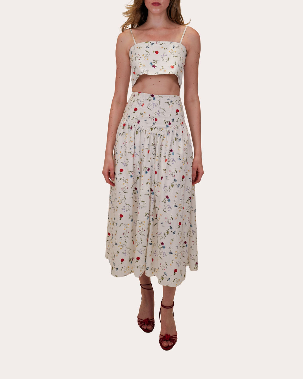 Noora Floral Cotton Poplin Gathered Midi Skirt