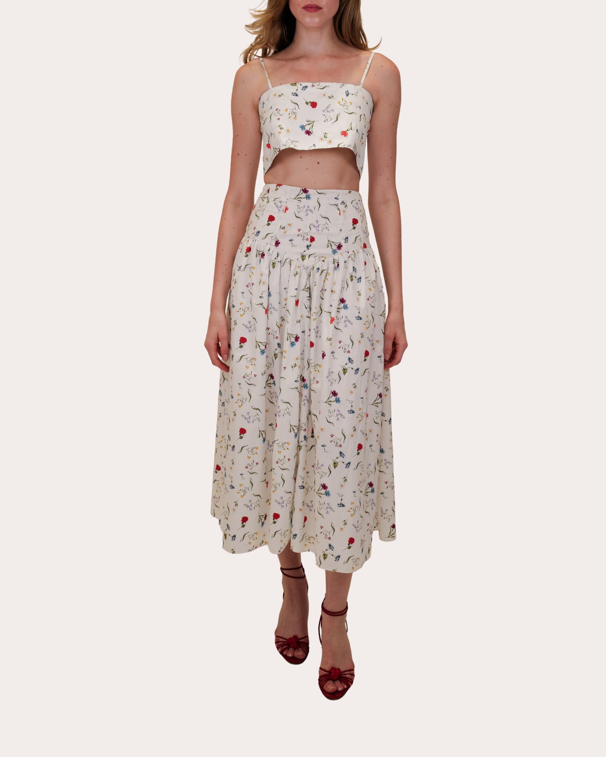 Noora Floral Cotton Poplin Gathered Midi Skirt