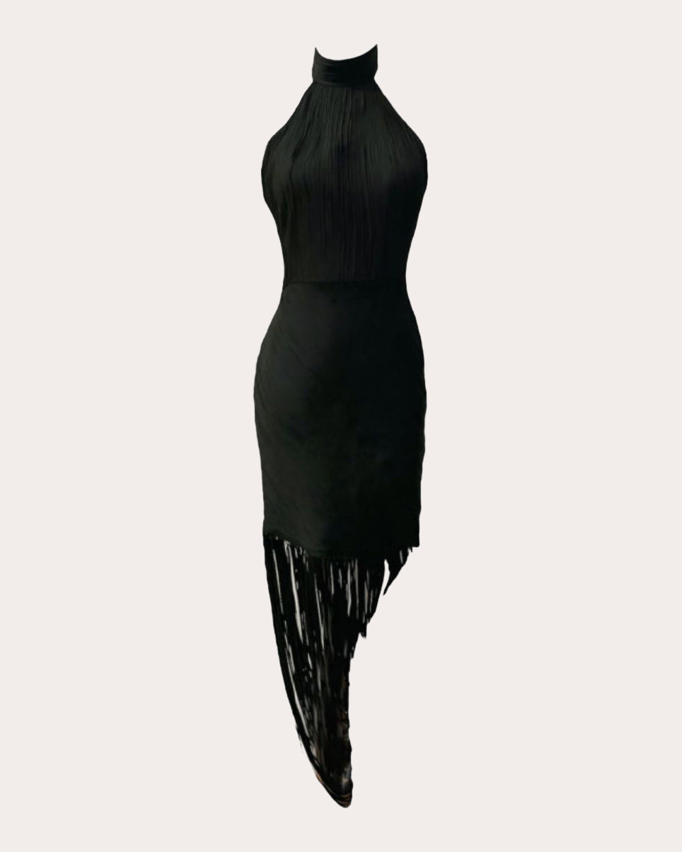 Francisco Arce Hellen Silk Fringe Asymmetric Halter Dress - Black Francisco Arce Hellen Silk Fringe Asymmetric Halter Dress - Black