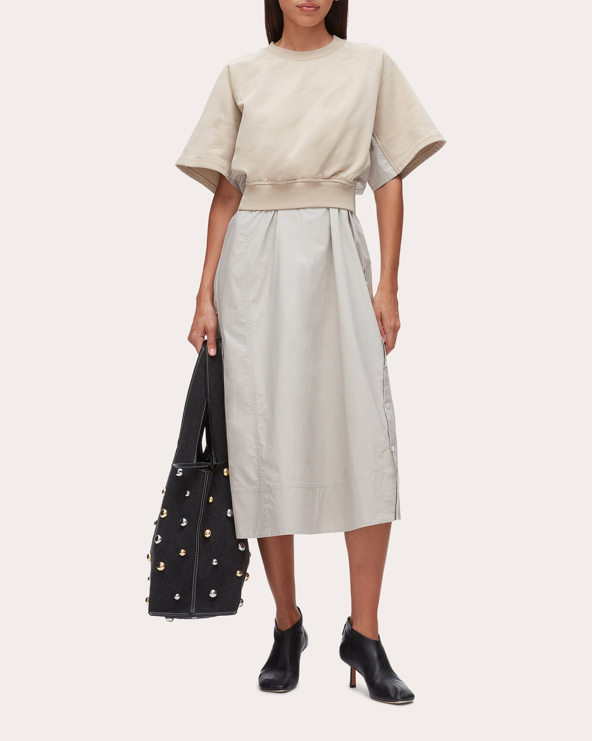 French Terry Poplin Combo Midi Dress