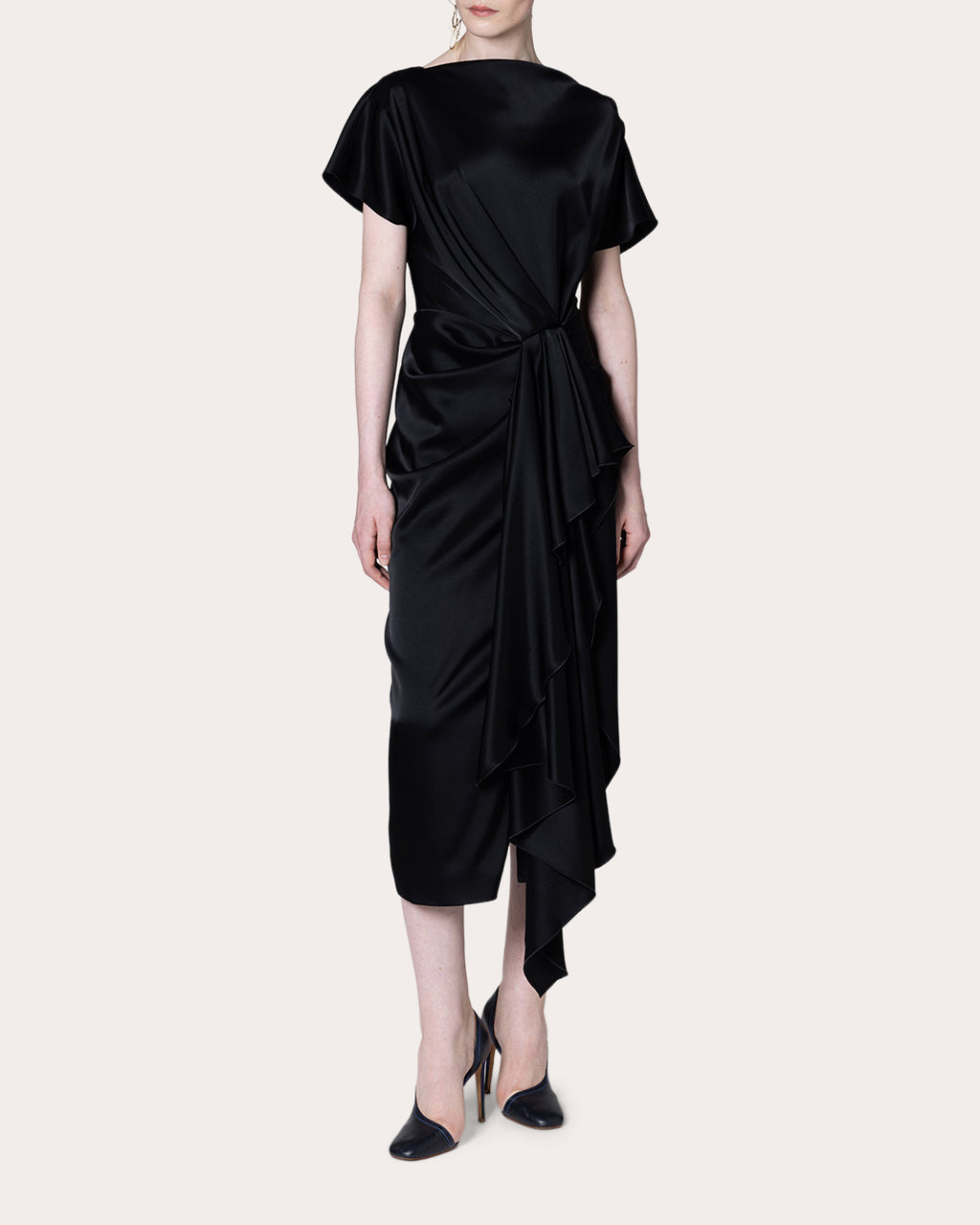 Zoa Satin Gathered Drape Midi Dress