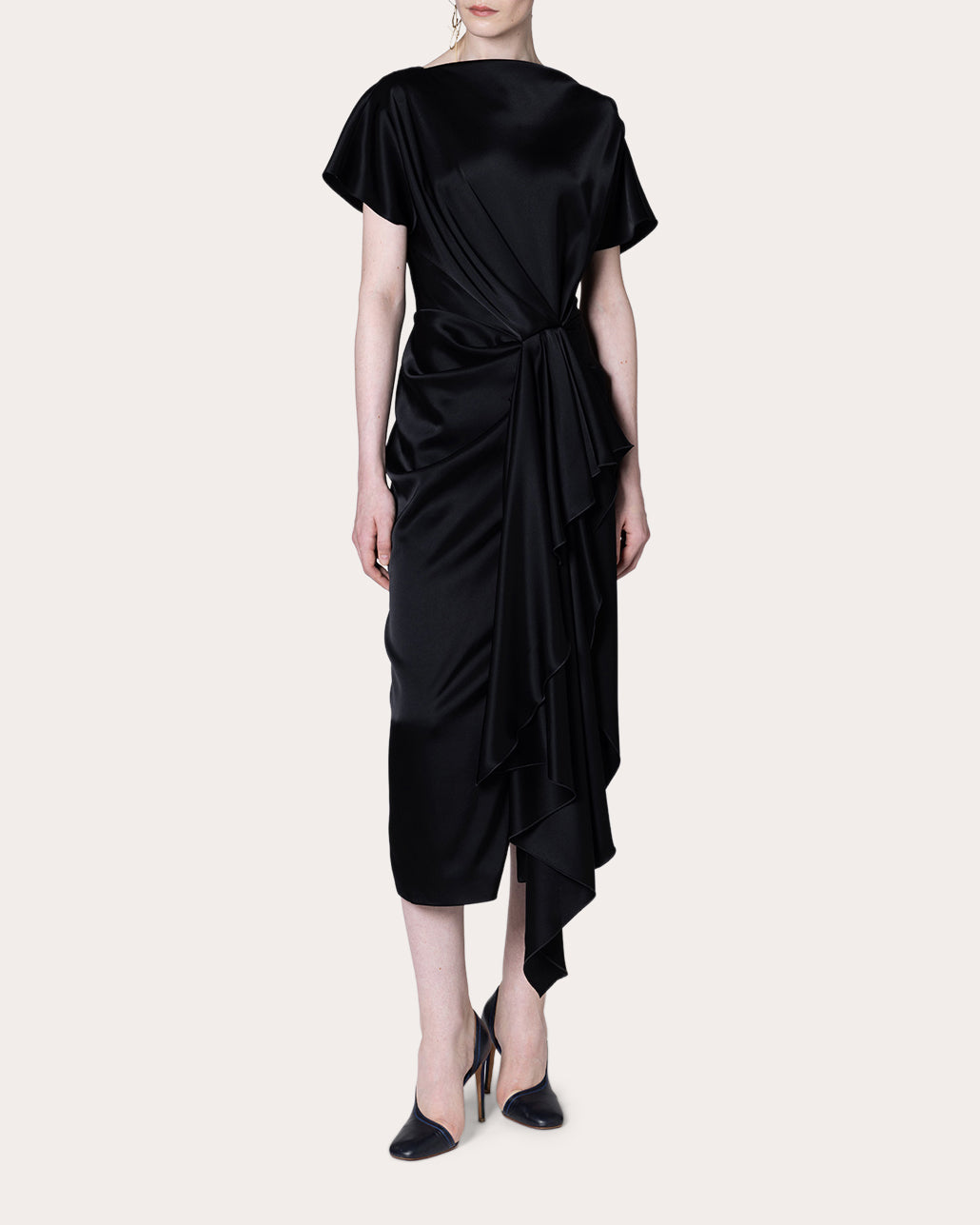 Zoa Satin Gathered Drape Midi Dress