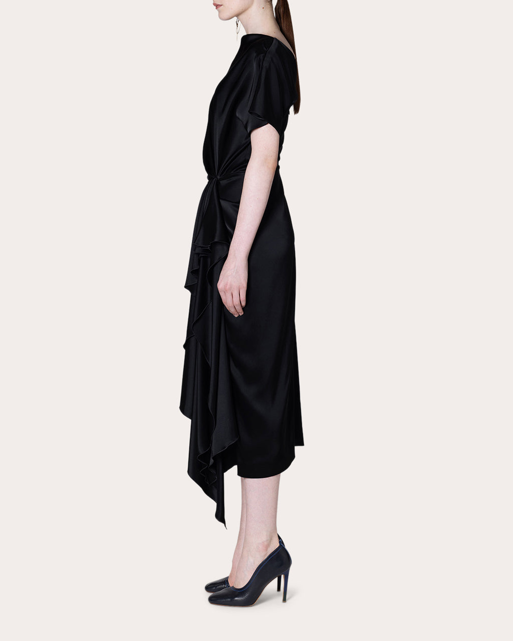 Zoa Satin Gathered Drape Midi Dress