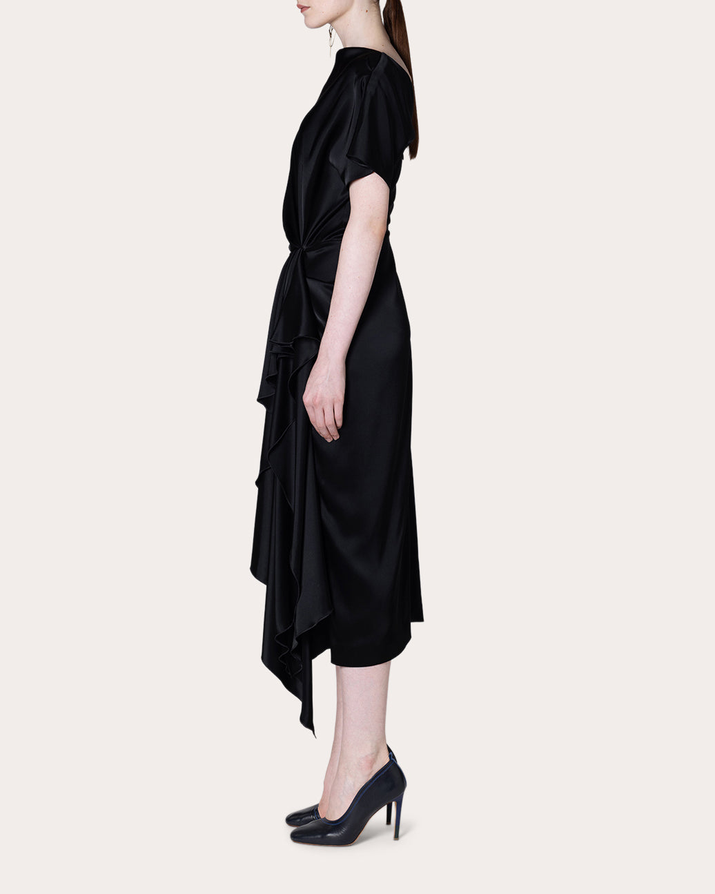 Zoa Satin Gathered Drape Midi Dress