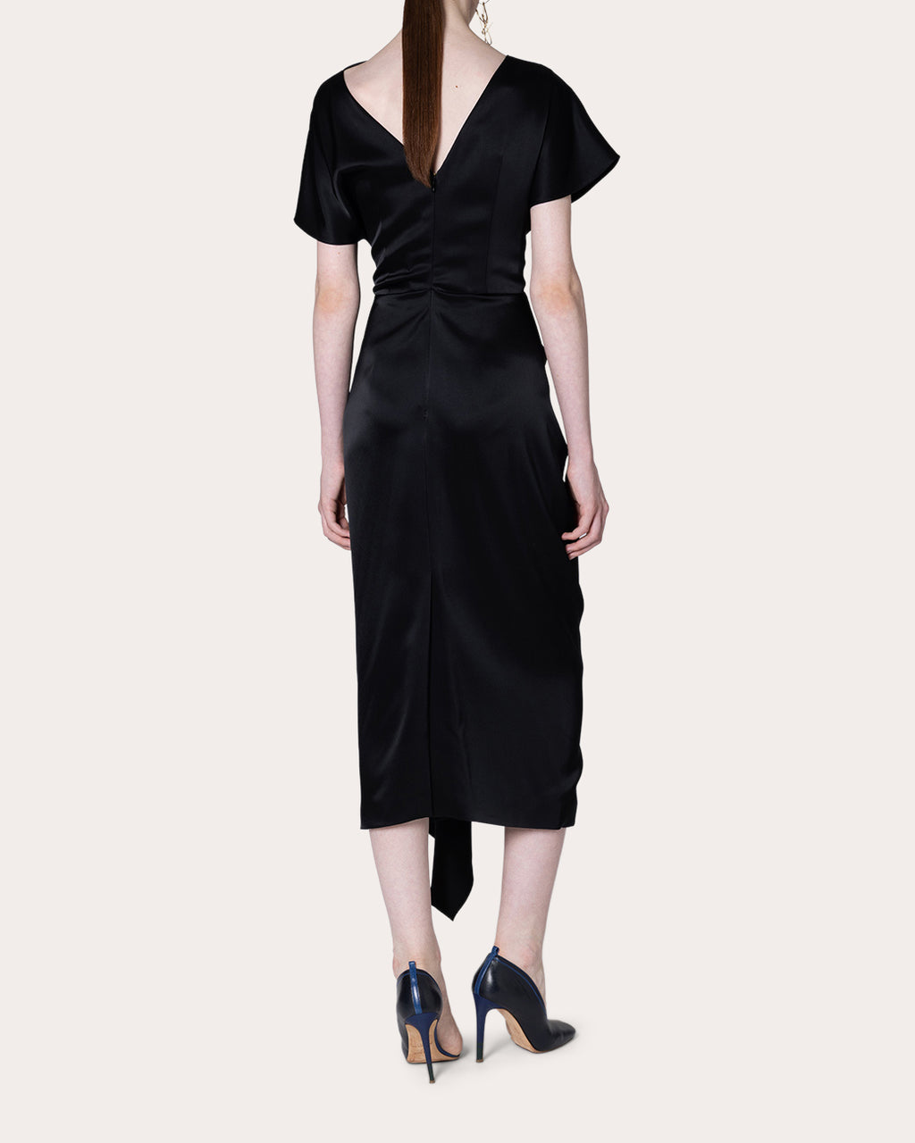 Zoa Satin Gathered Drape Midi Dress