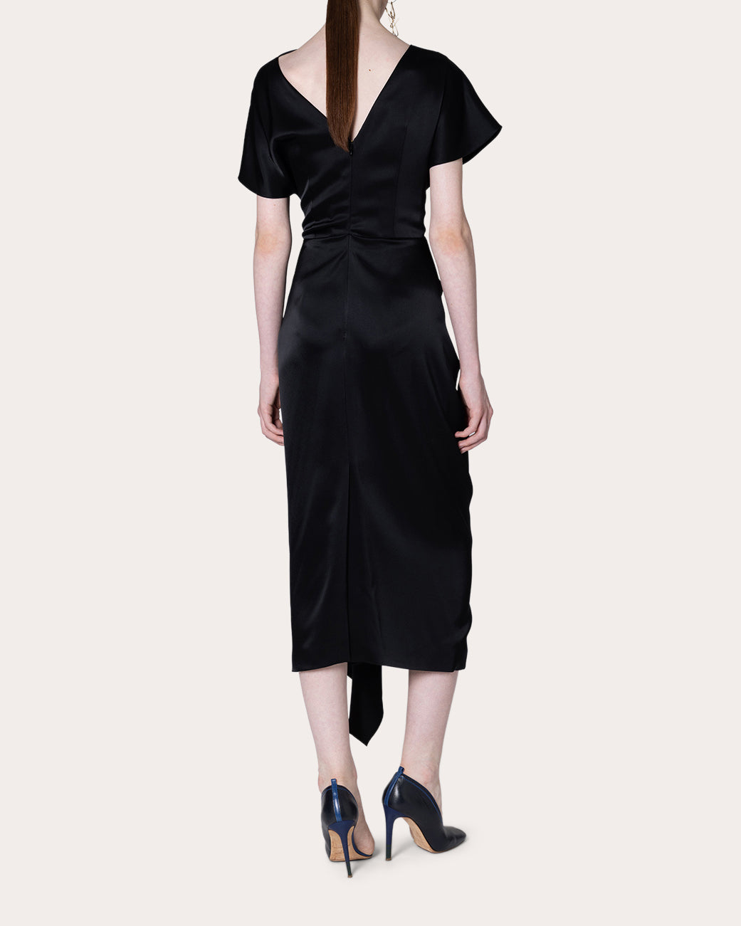 Zoa Satin Gathered Drape Midi Dress