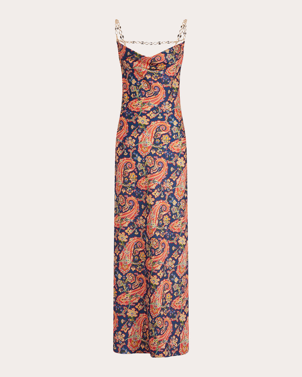 Chain-Embellished Paisley-Print Satin Maxi Dress