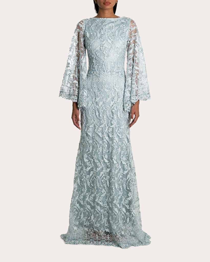Lorgi Embellished Lace Cape Gown