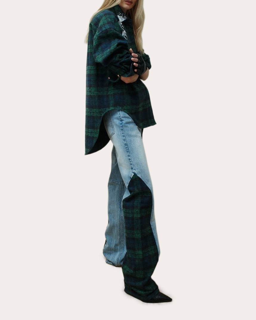 Ox Embellished Plaid High-Low Shirt