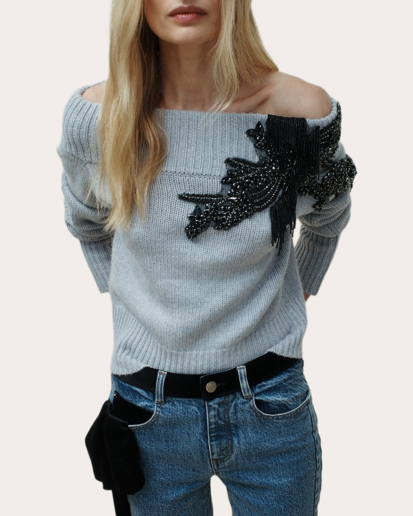 Nolt Beaded Wool Cashmere Off-Shoulder Sweater